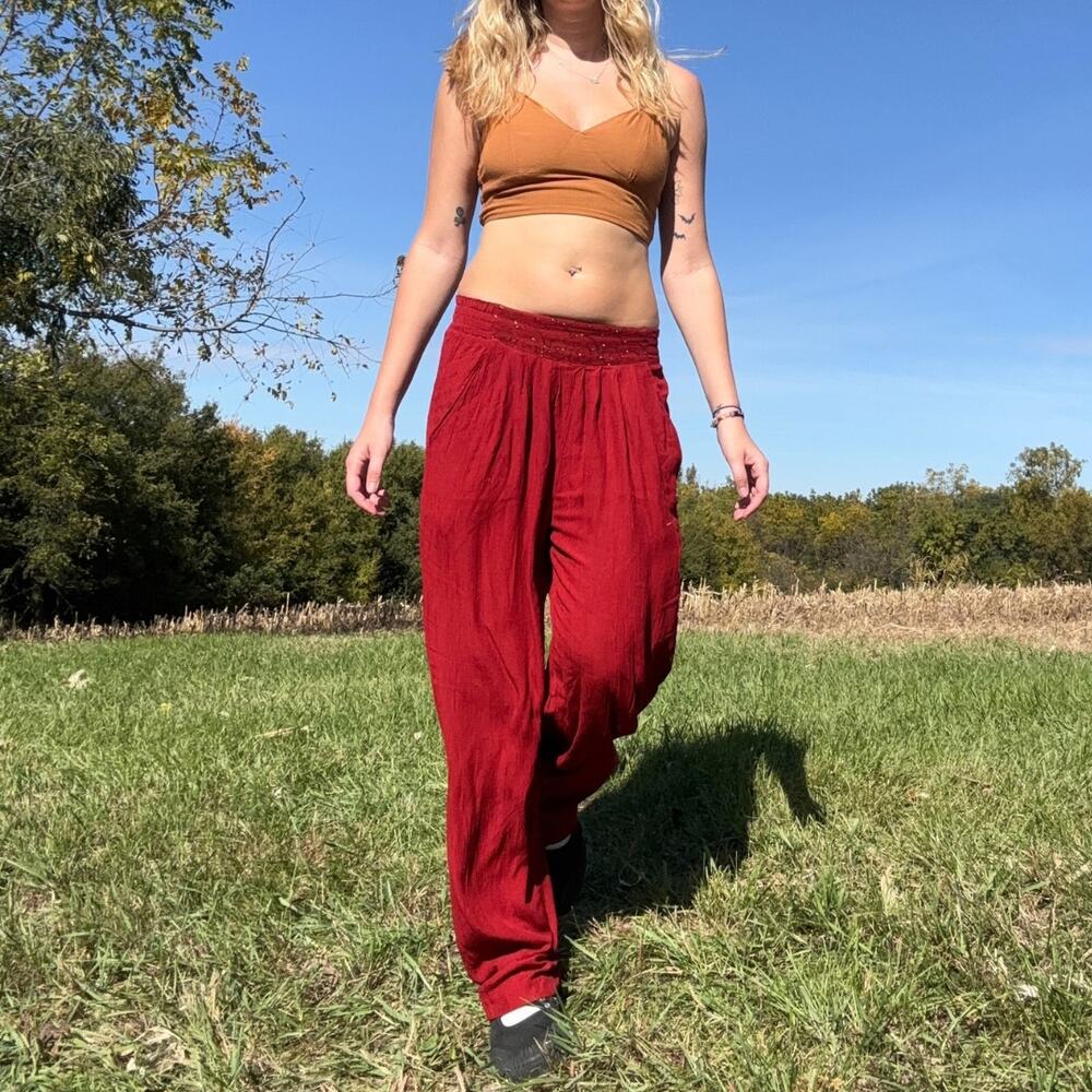 Vintage 90s Carole Little Red Boho Harem Pants Size 6 Beaded Boho Festival